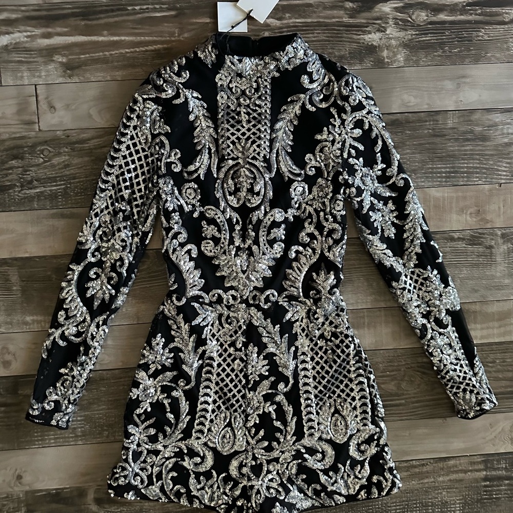 Black Embellished Long-Sleeve Romper